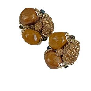 Vintage Amber Cluster Japan Clip-On Earrings Germany Gold Tone Beaded Statement